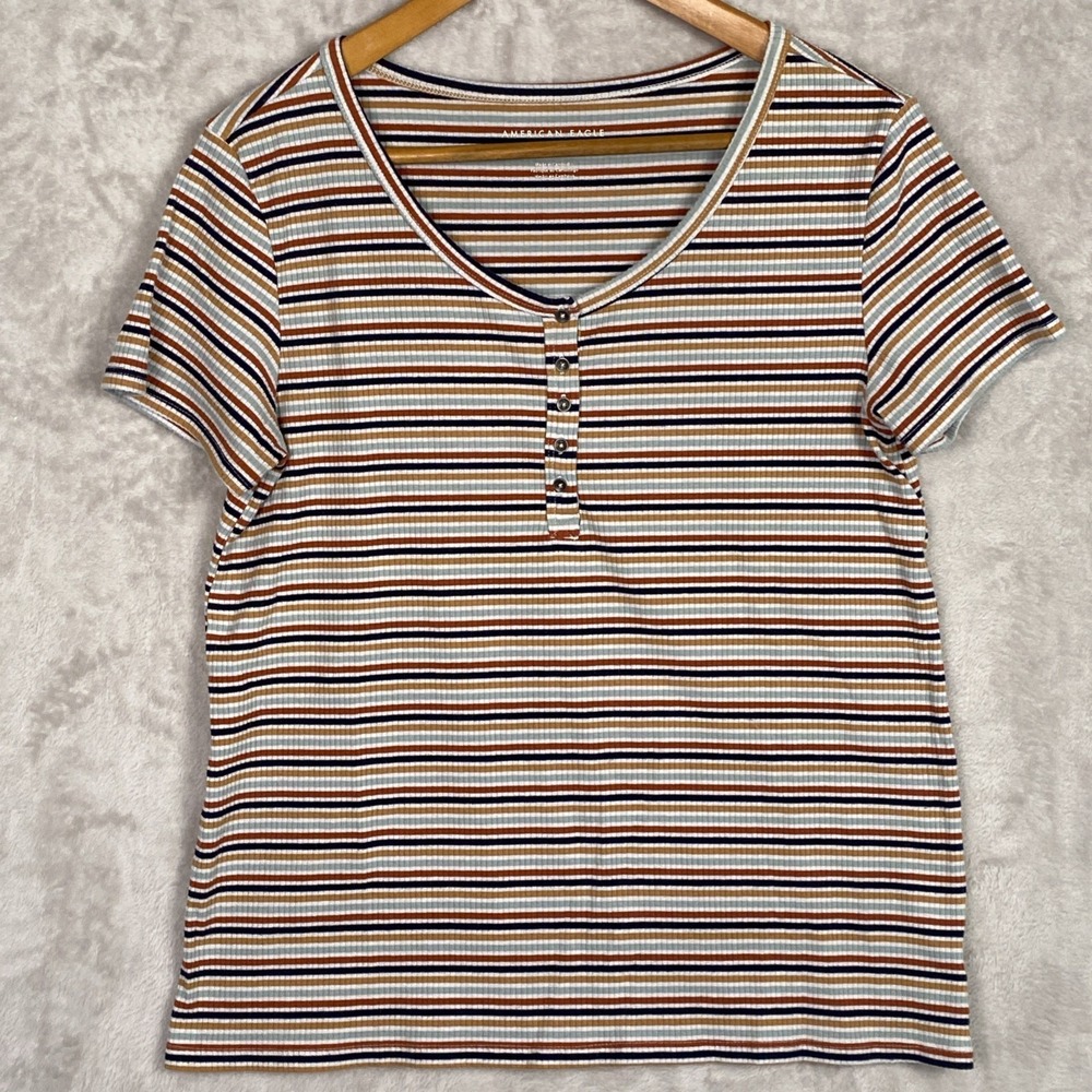 American Eagle Womens Striped Henley Shirt Medium Ribbed Brown Retro Boho Hippie